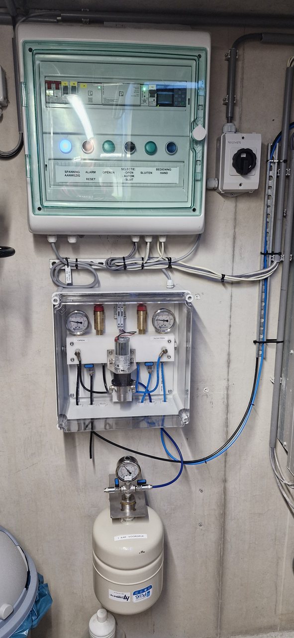 Detail van de besturingskast met bediening voor het openen en sluiten van de klep bij Mijnwater in Heerlen